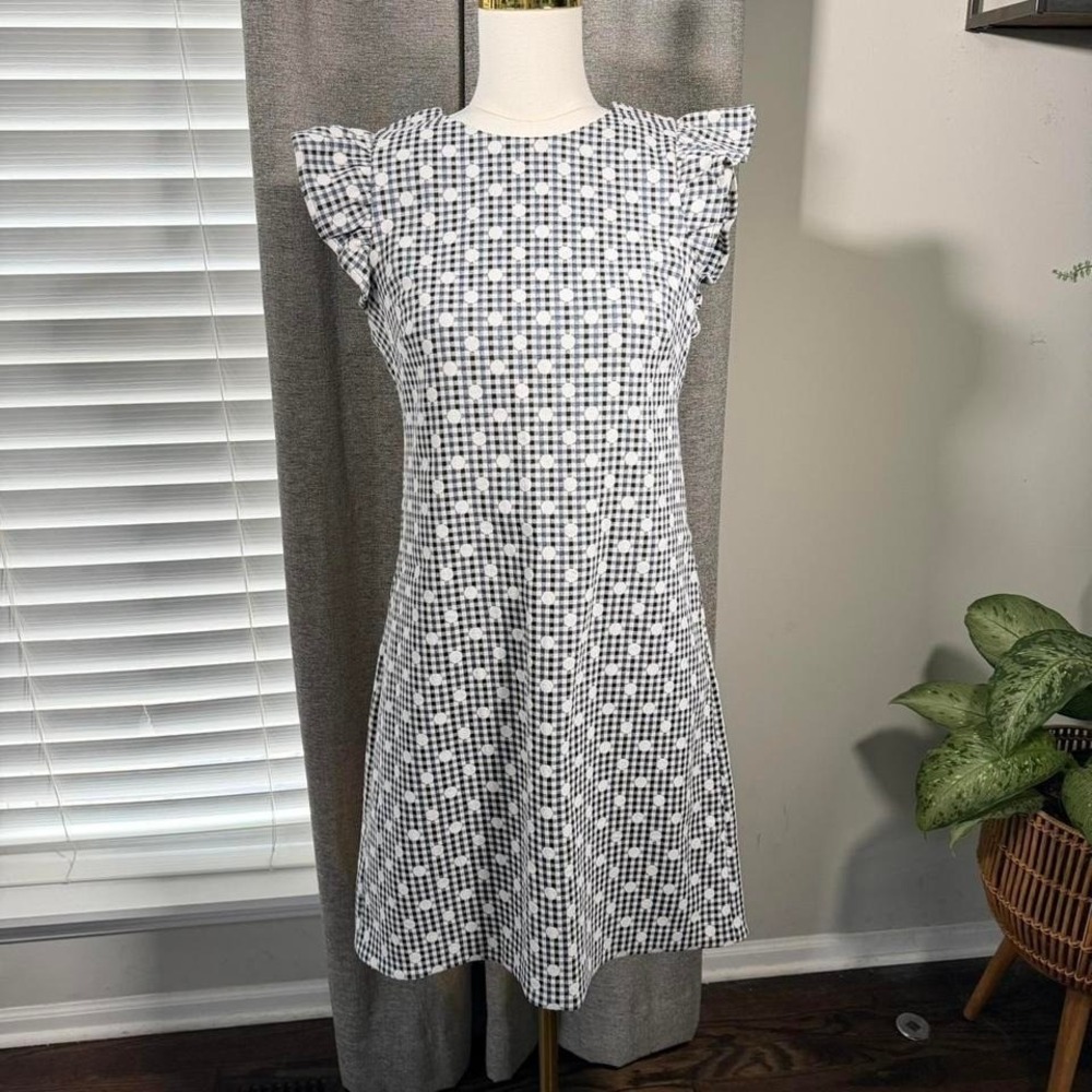 Eliza J Women's Size 4 Gingham Polka Dot Flutter Sleeve Fit & Flare Dress Blue